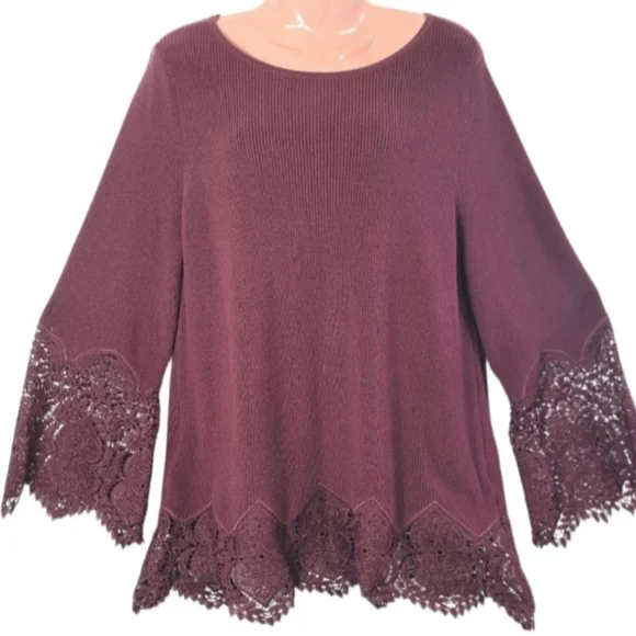 Chico's Women's Long Sleeve Burgundy Blouse/Sweater Ribbed Lace Size 2P … - Picture 3 of 16